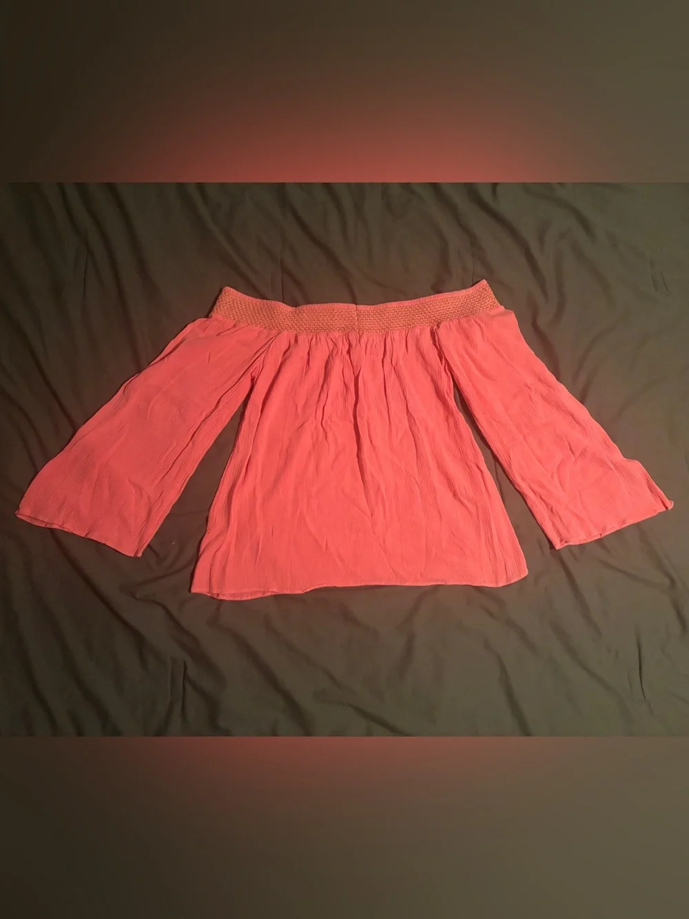 Lilly Pulitzer Womens L Coral Pink Off Shoulder Blouse Gold Smocked Bell Sleeve